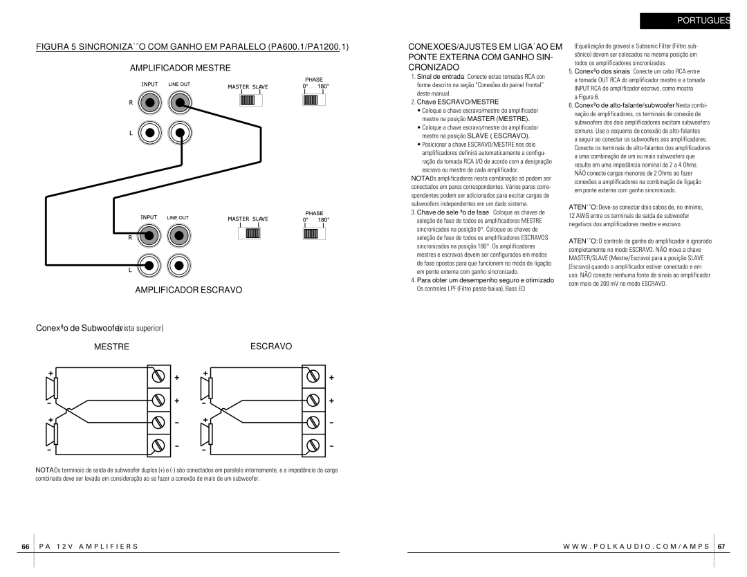 Polk Audio PA400.1 owner manual Conexão de Subwoofer vista superior, Mestre Escravo 