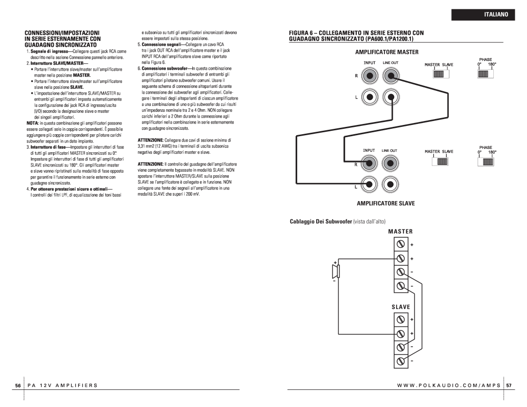 Polk Audio PA400.1 owner manual Connessioni/Impostazioni, In Serie Esternamente Con Guadagno Sincronizzato, Italiano 