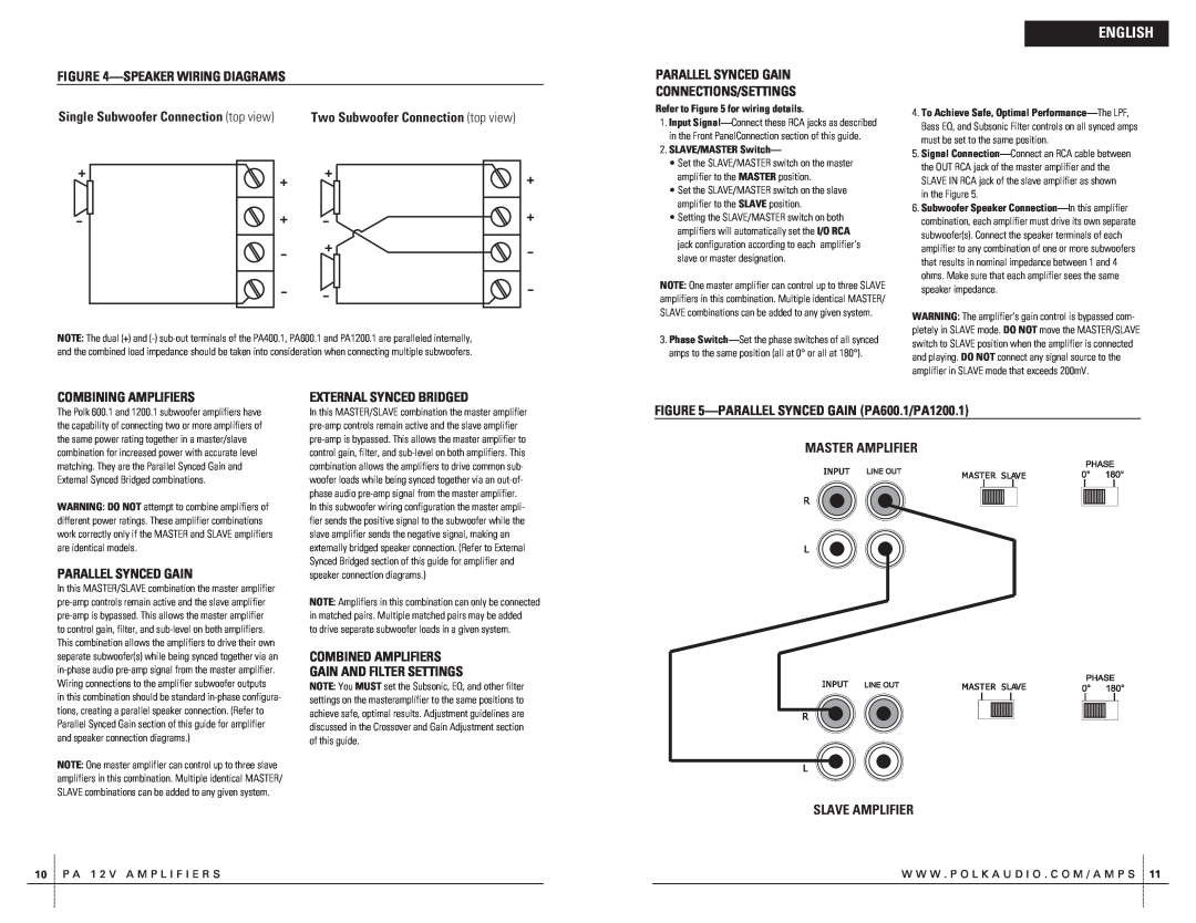 Polk Audio PA400.1 Speakerwiring Diagrams, Parallel Synced Gain Connections/Settings, Combining Amplifiers, English 
