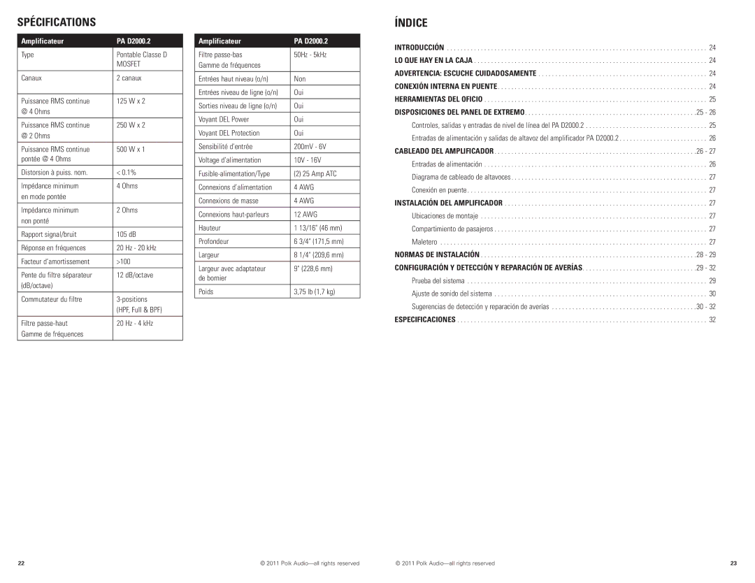 Polk Audio PAD2000.2 manual Spécifications, Índice, Amplificateur PA D2000.2 