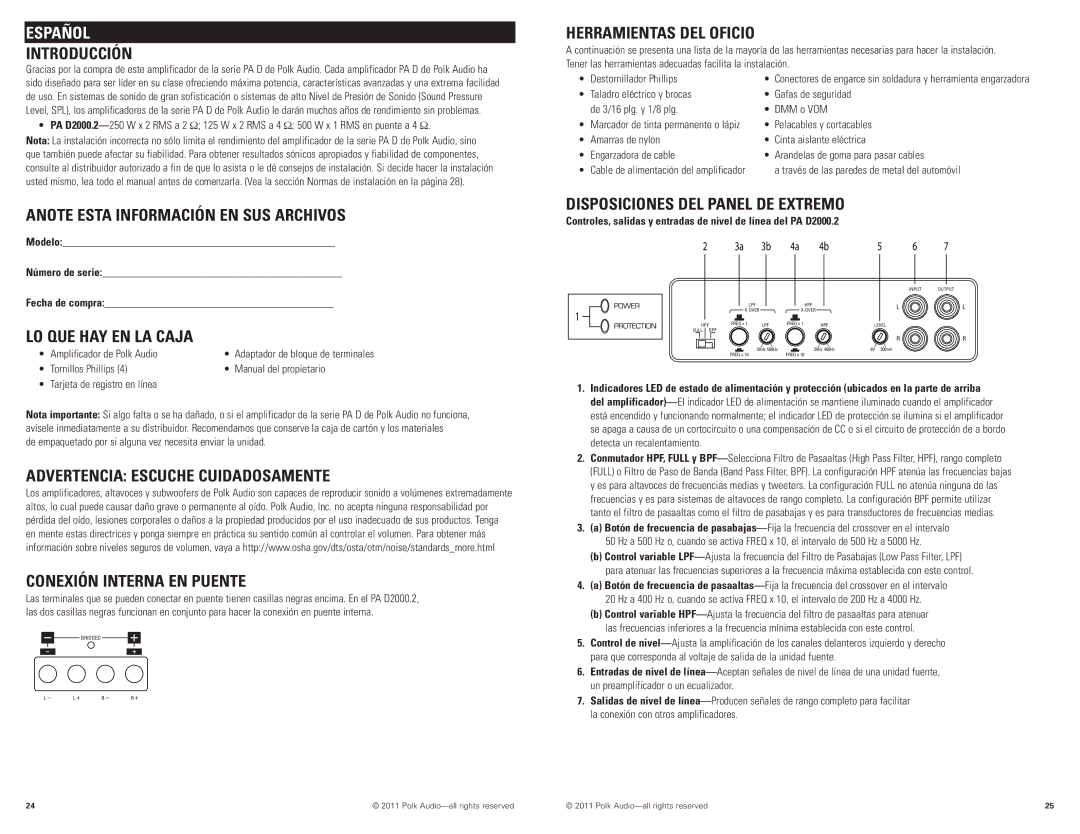 Polk Audio PAD2000.2 Introducción, Anote Esta Información EN SUS Archivos, LO QUE HAY EN LA Caja, Herramientas DEL Oficio 