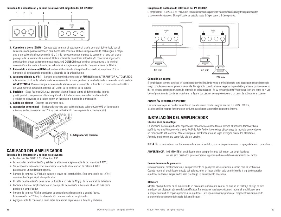Polk Audio PAD2000.2 manual Cableado DEL Amplificador, Instalación DEL Amplificador 