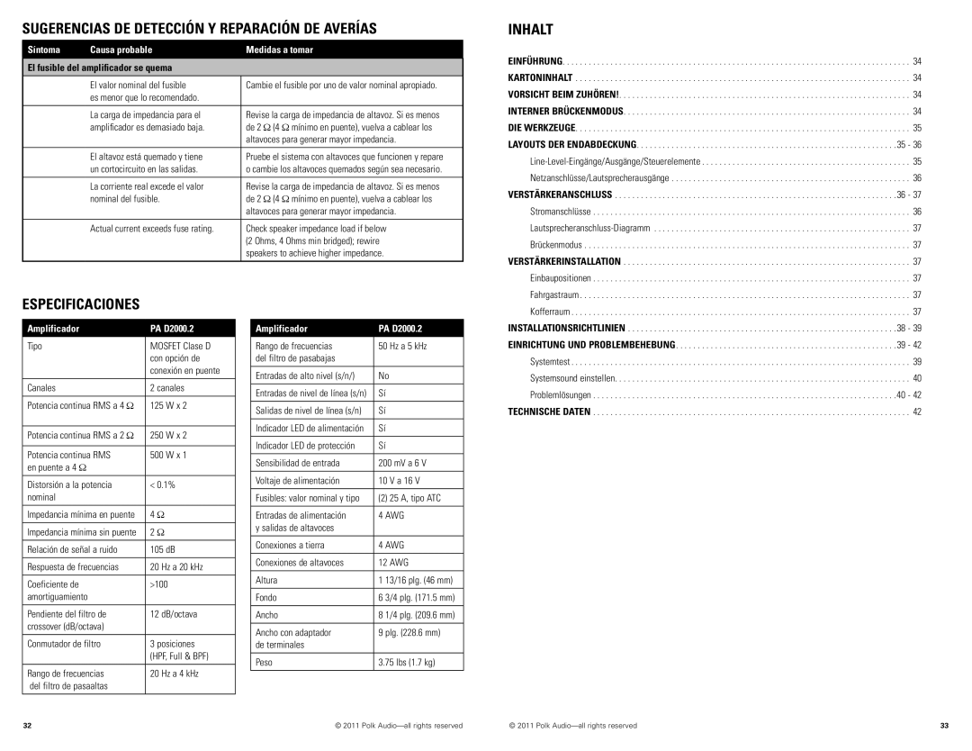 Polk Audio PAD2000.2 manual Inhalt, Especificaciones, El fusible del amplificador se quema, Amplificador PA D2000.2 