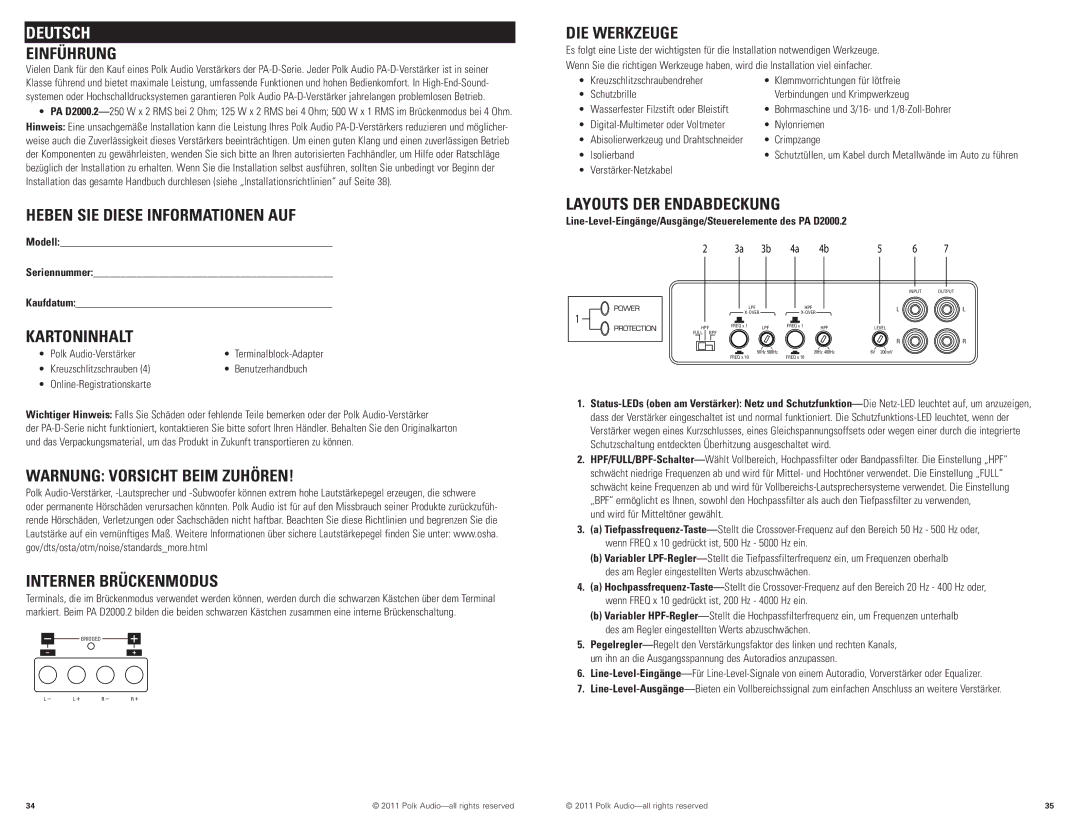 Polk Audio PAD2000.2 Einführung, Heben SIE Diese Informationen AUF, Kartoninhalt, DIE Werkzeuge, Layouts DER Endabdeckung 