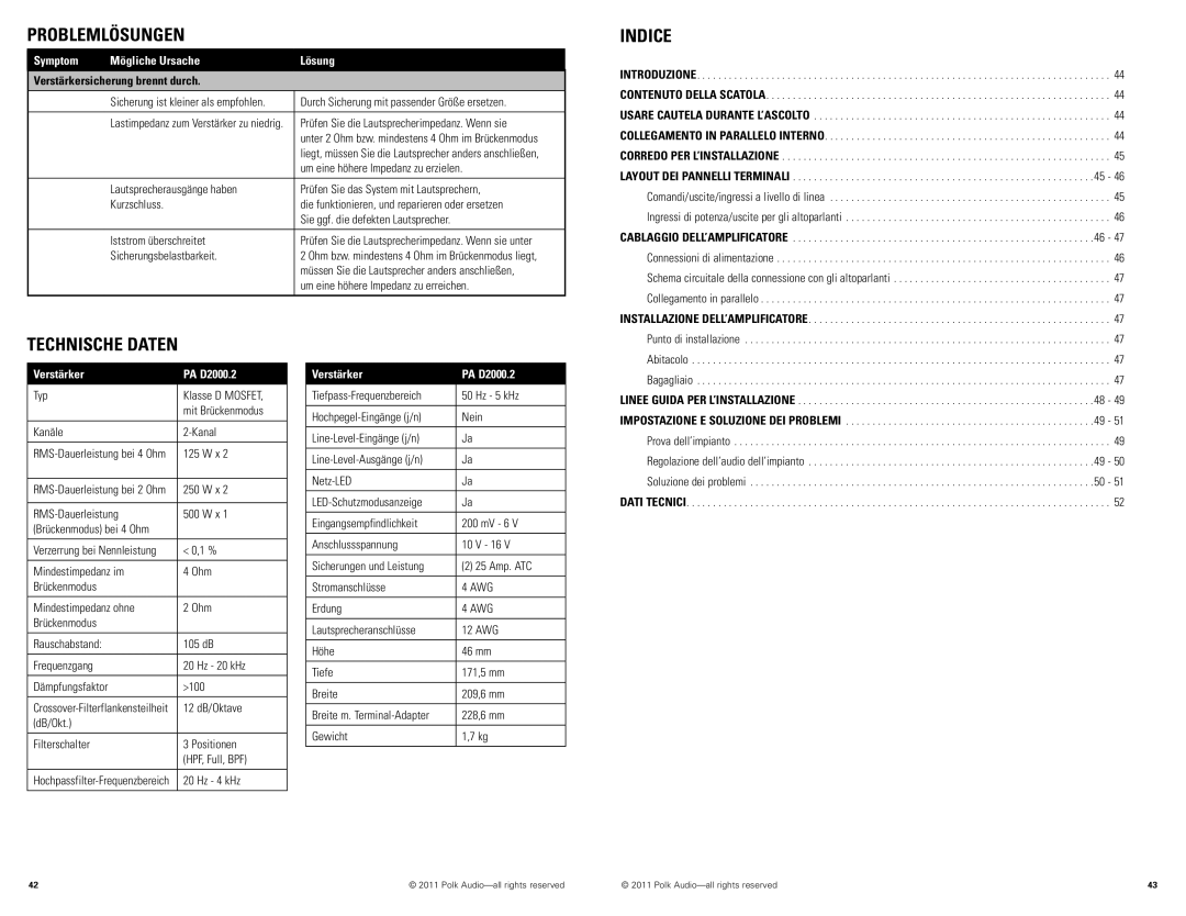 Polk Audio PAD2000.2 manual Indice, Technische Daten, Verstärkersicherung brennt durch, Verstärker PA D2000.2 
