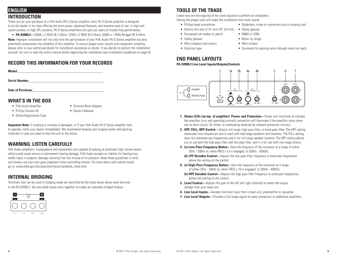 Polk Audio PAD2000.2 manual Record this Information for Your Records, WHAT’S in the BOX, Tools of the Trade 