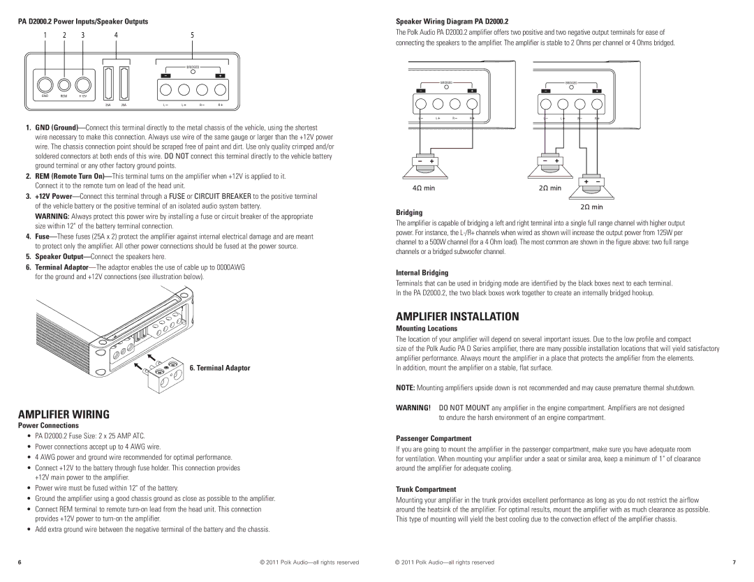 Polk Audio PAD2000.2 manual Amplifier Wiring, Amplifier Installation 