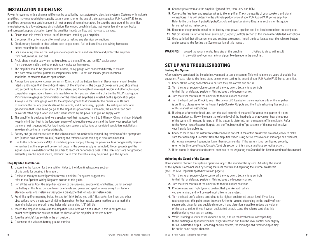 Polk Audio PAD2000.2 Installation Guidelines, SET UP and Troubleshooting, Step By Step Installation, Testing the System 