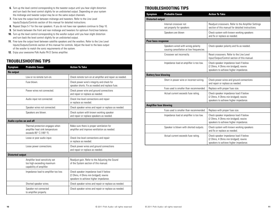 Polk Audio PAD2000.2 manual Troubleshooting Tips, Symptom Probable Cause Action To Take 