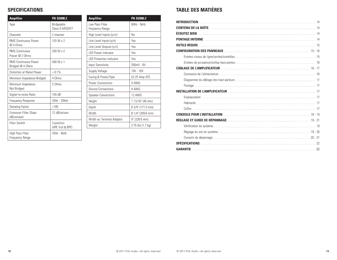 Polk Audio PAD2000.2 manual Specifications, Table DES Matières, Amplifier PA D2000.2 