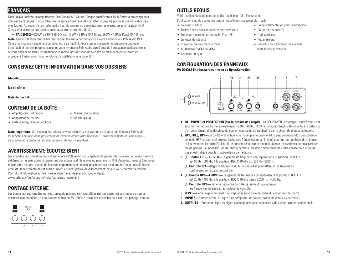 Polk Audio PAD2000.2 manual Conservez Cette Information Dans VOS Dossiers, Contenu DE LA Boîte, Avertissement Écoutez Bien 