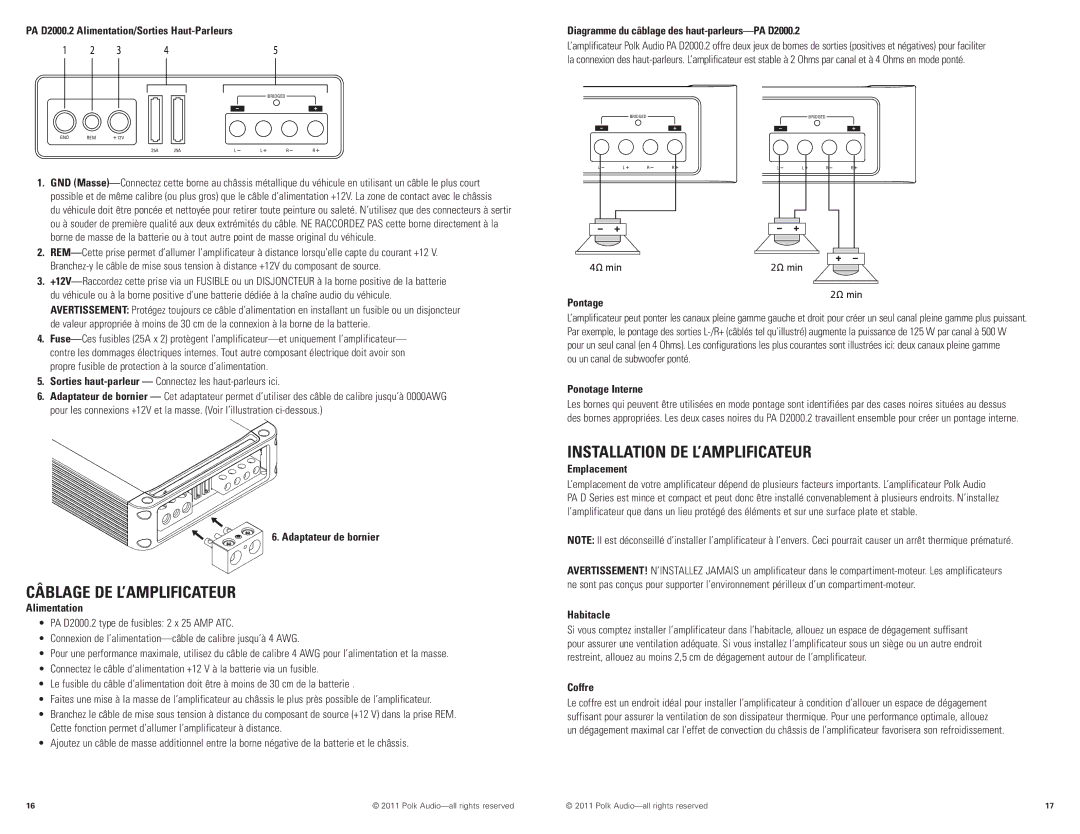 Polk Audio PAD2000.2 manual Câblage DE L’AMPLIFICATEUR, Installation DE L’AMPLIFICATEUR 