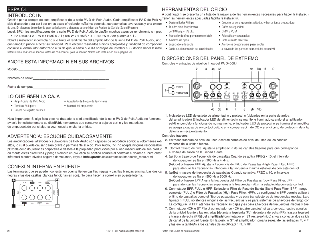 Polk Audio PAD4000.4 Introducción, Anote Esta Información EN SUS Archivos, LO QUE HAY EN LA Caja, Herramientas DEL Oficio 