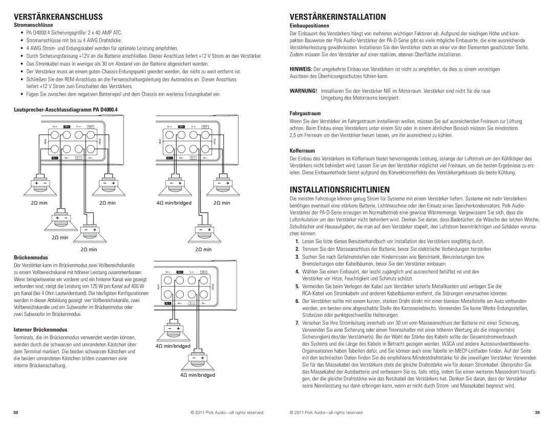 Polk Audio PAD4000.4 manual Verstärkeranschluss, Verstärkerinstallation, Installationsrichtlinien 