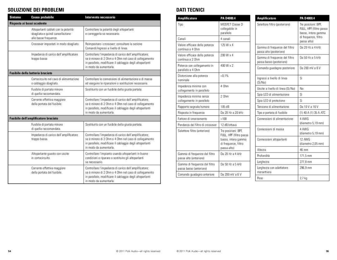 Polk Audio PAD4000.4 Dati Tecnici, Risposta ai bassi scadente, Fusibile della batteria bruciato, Amplificatore PA D4000.4 