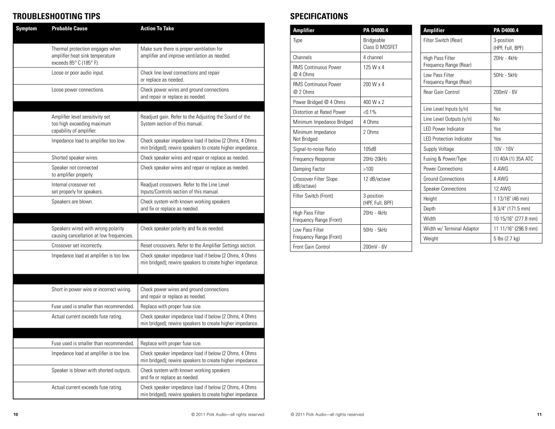Polk Audio PAD4000.4 manual Specifications, Amplifier PA D4000.4 