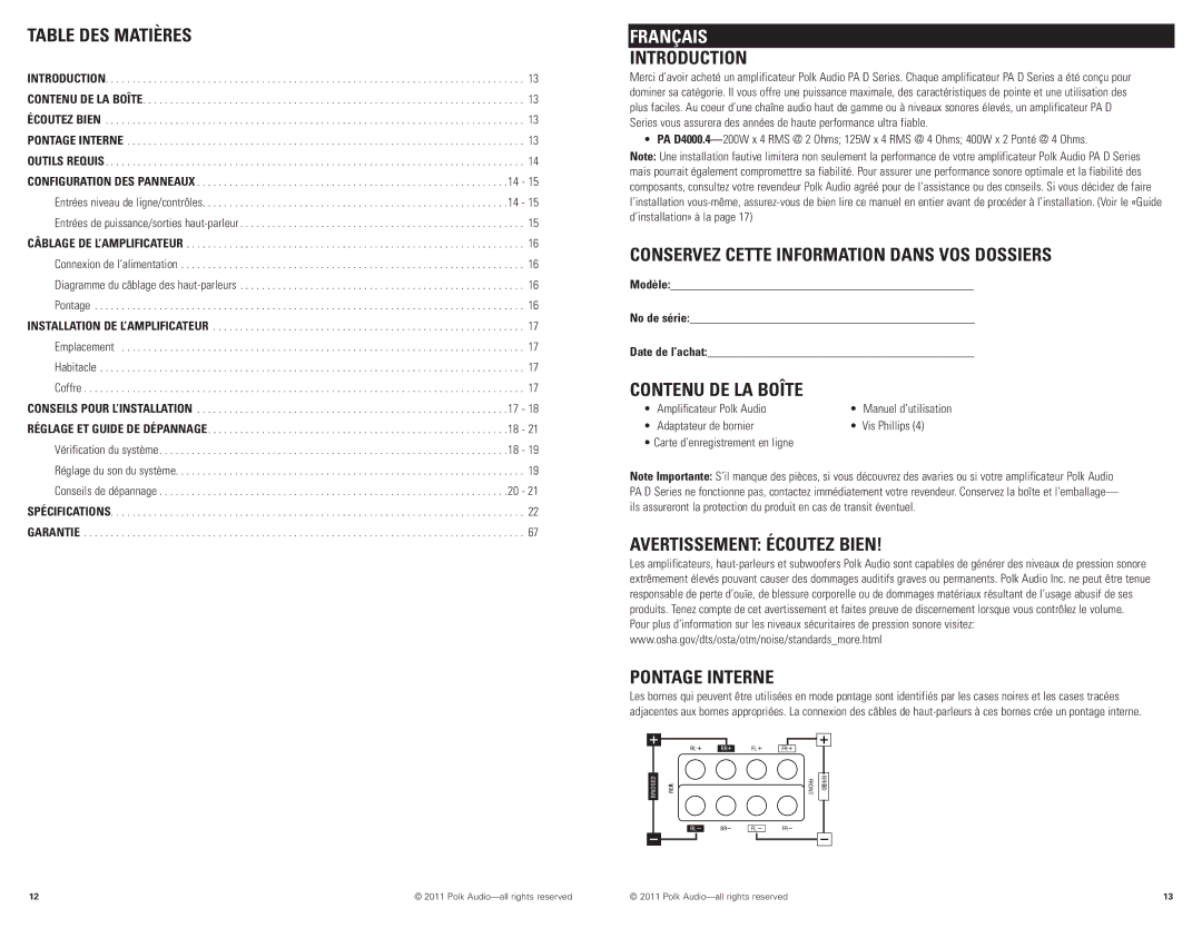 Polk Audio PAD4000.4 manual Introduction, Conservez Cette Information Dans VOS Dossiers, Contenu DE LA Boîte 