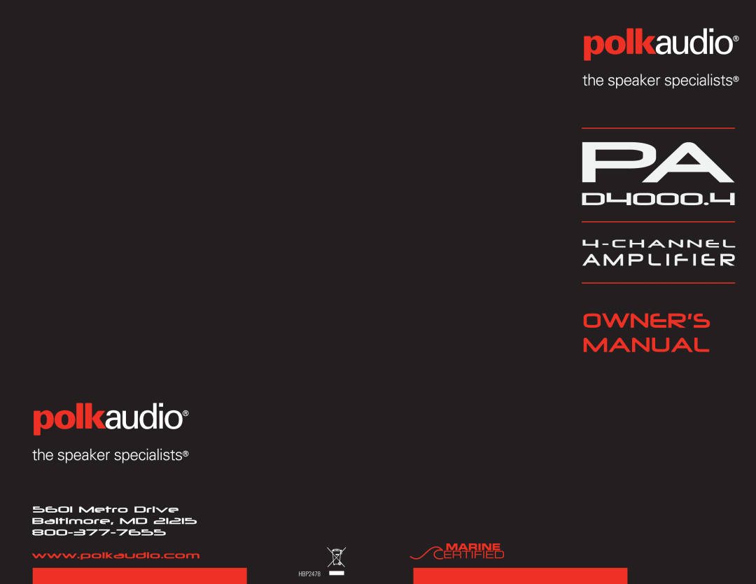 Polk Audio PAD4000.4 manual Am P L I F I E R, Channel, HBP2478 