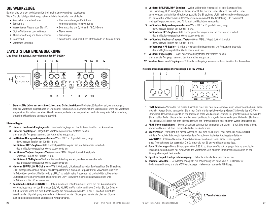 Polk Audio PAD4000.4 manual Die Werkzeuge, Layouts Der Endabdeckung, Line-Level-Eingänge/Steuerelementedes PA D4000.4 