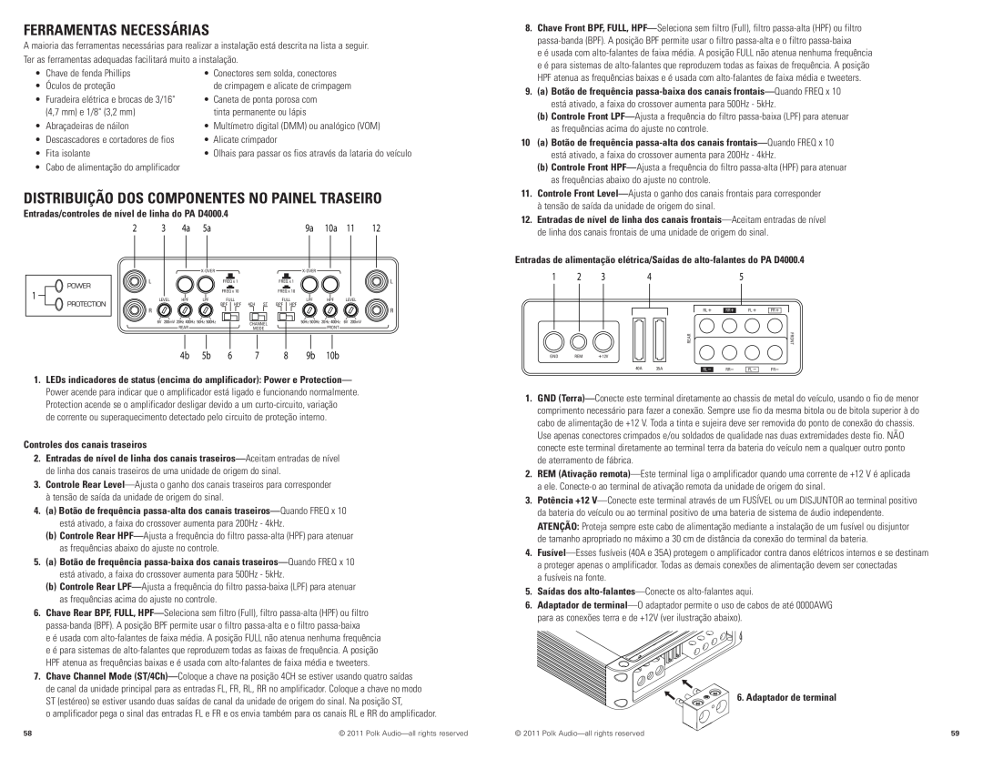 Polk Audio PAD4000.4 manual Ferramentas Necessárias, Distribuição Dos Componentes No Painel Traseiro, Adaptador de terminal 