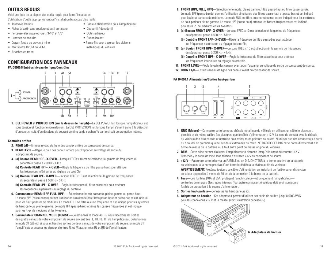 Polk Audio PAD4000.4 manual Outils Requis, Configuration Des Panneaux, PA D5000.5 Entrées niveau de ligne/Contrôles 