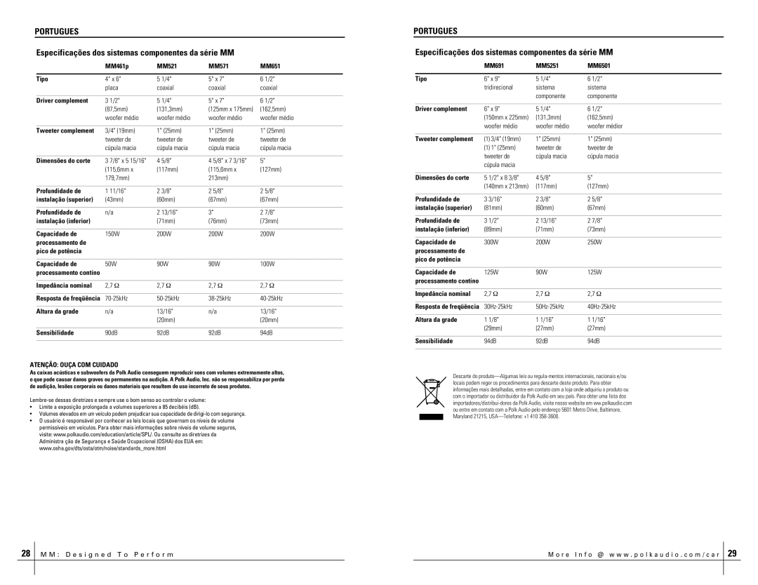 Polk Audio polk audio mobile monitor manual Especificações dos sistemas componentes da série MM, Atenção Ouça COM Cuidado 