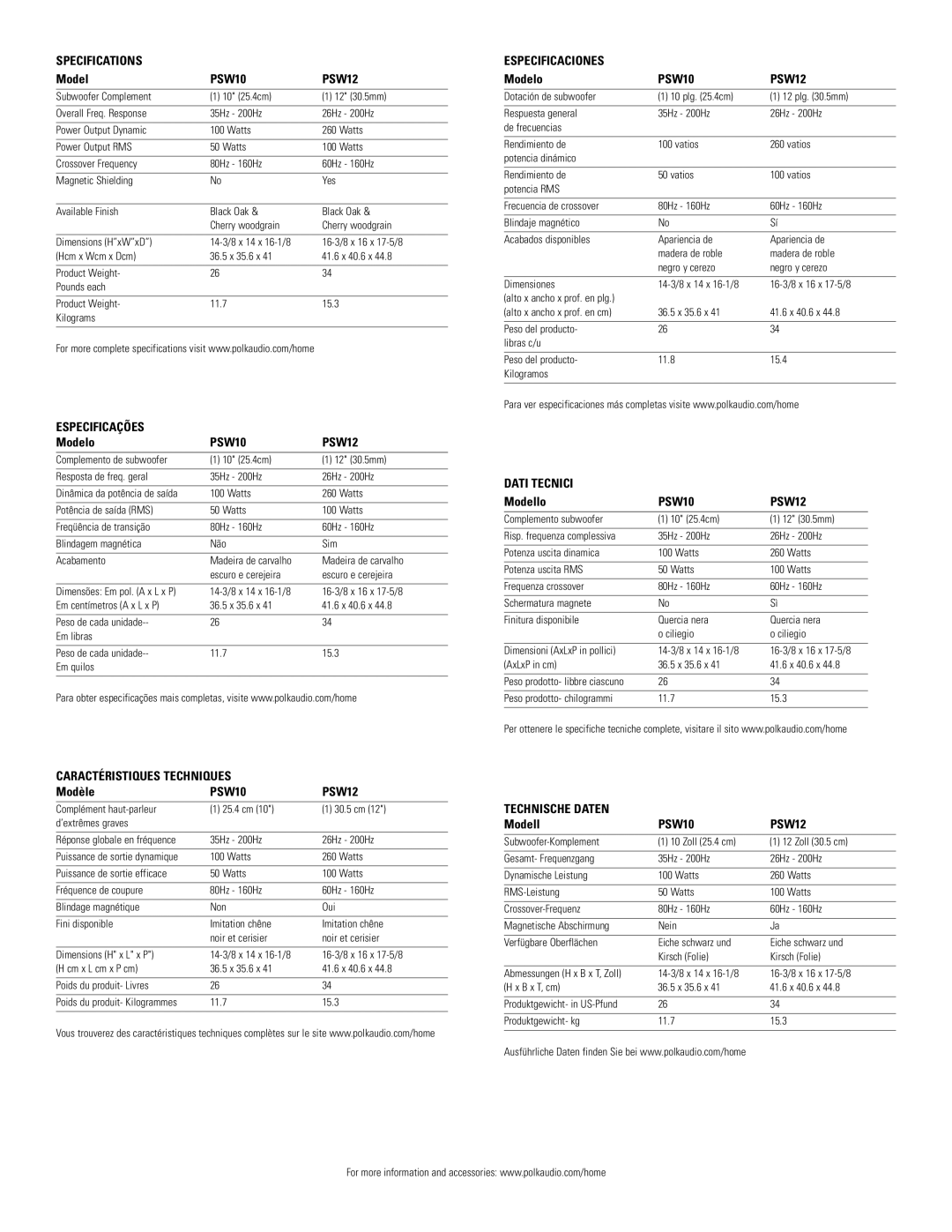 Polk Audio Specifications, PSW10 PSW12, Especificações, Caractéristiques Techniques, Especificaciones, Dati Tecnici 