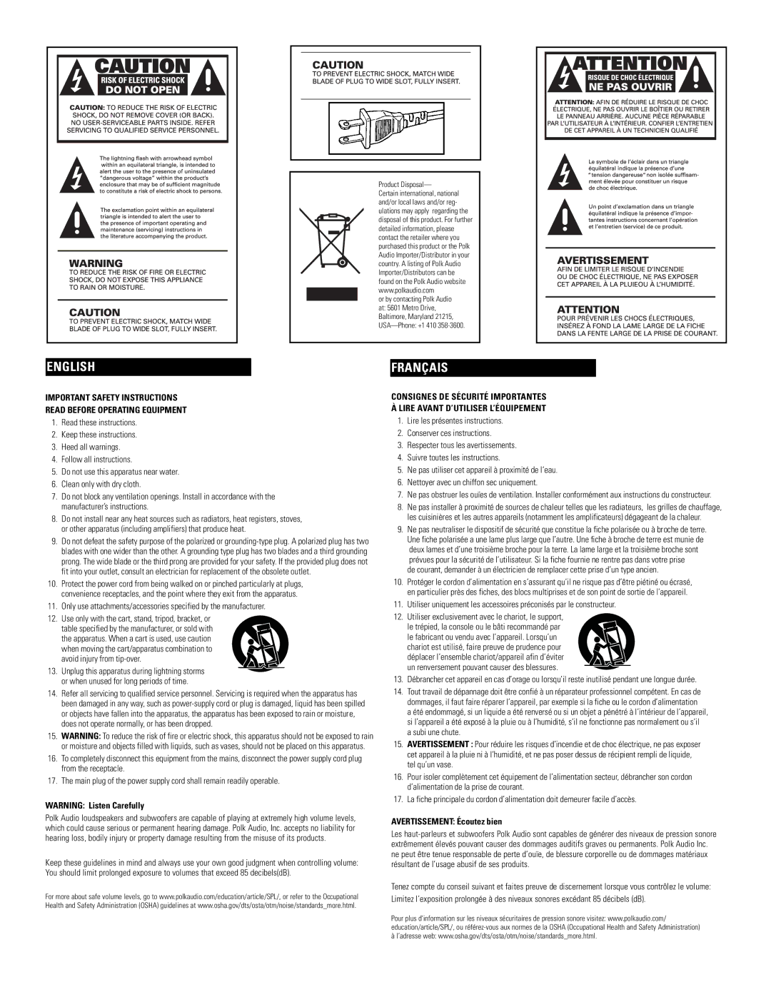 Polk Audio PSW10, PSW12 owner manual English, Avertissement Écoutez bien 