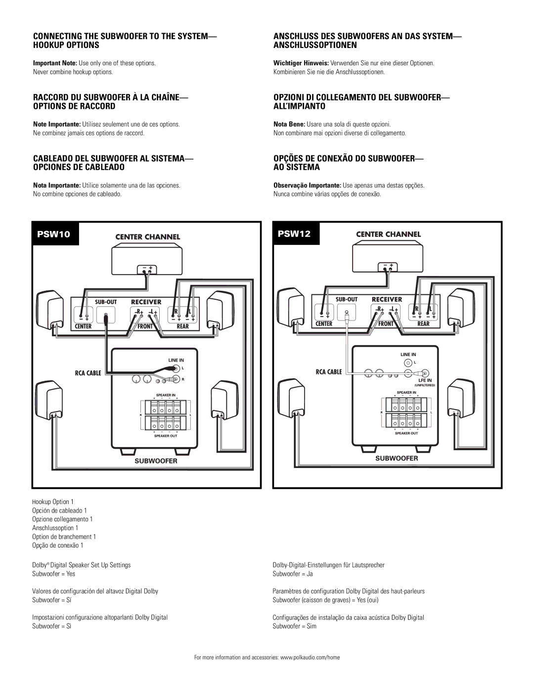 Polk Audio PSW12, PSW10 Connecting the Subwoofer to the SYSTEM- Hookup Options, Opções DE Conexão do SUBWOOFER- AO Sistema 