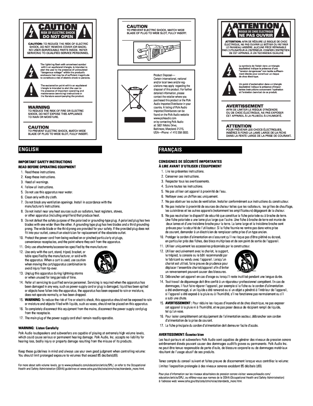 Polk Audio PSW10, PSW12 owner manual Français, English, Important Safety Instructions, Read Before Operating Equipment 