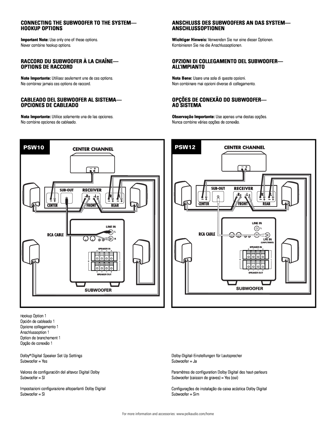Polk Audio PSW12 owner manual Opções De Conexão Do Subwoofer- Ao Sistema, PSW10 