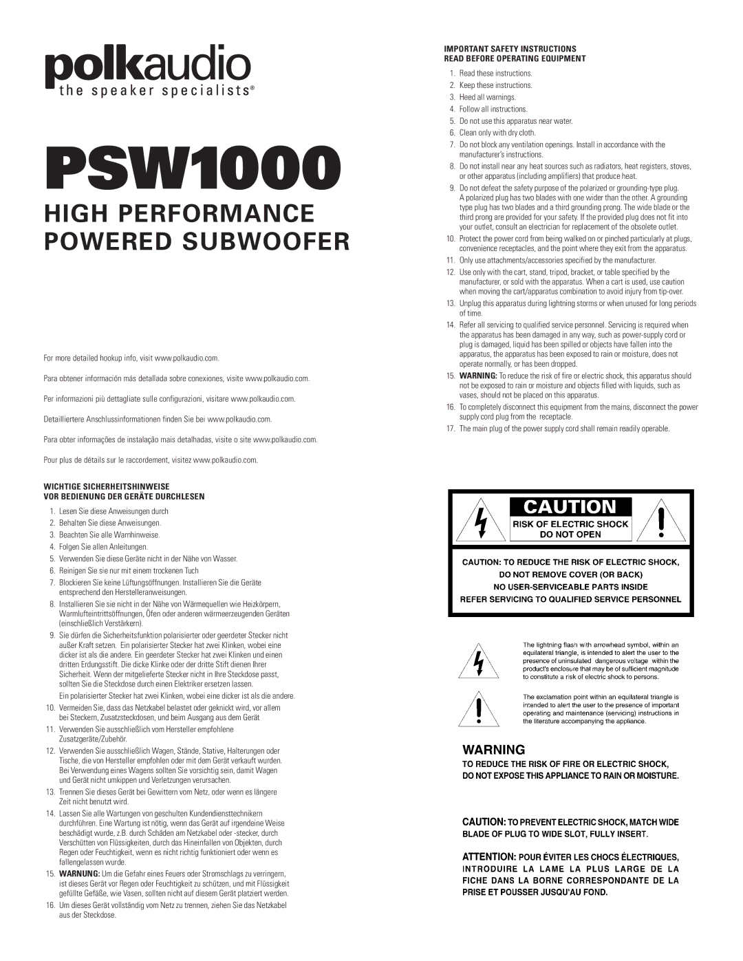 Polk Audio PSW1000 important safety instructions 