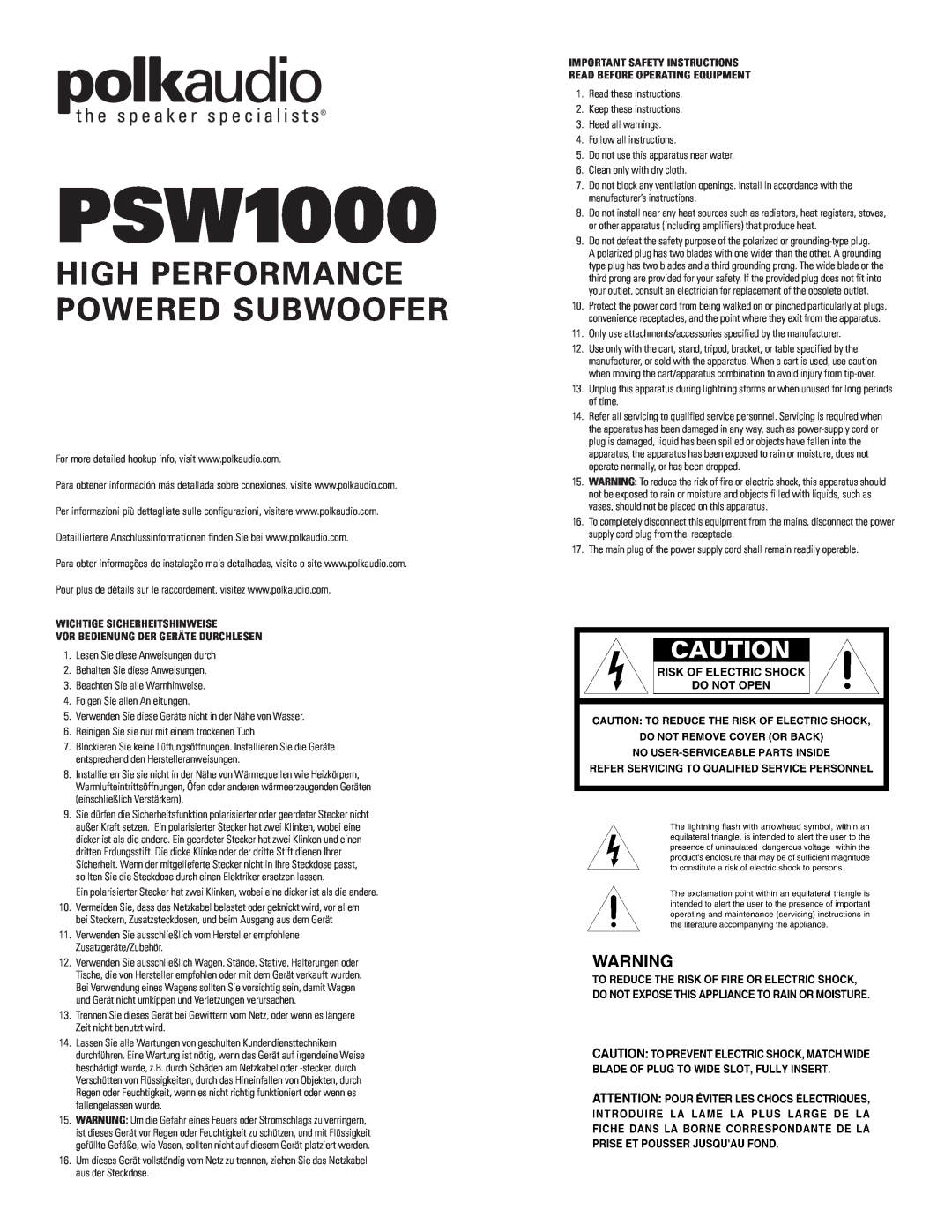 Polk Audio PSW1000 important safety instructions Wichtige Sicherheitshinweise, Vor Bedienung Der Geräte Durchlesen 