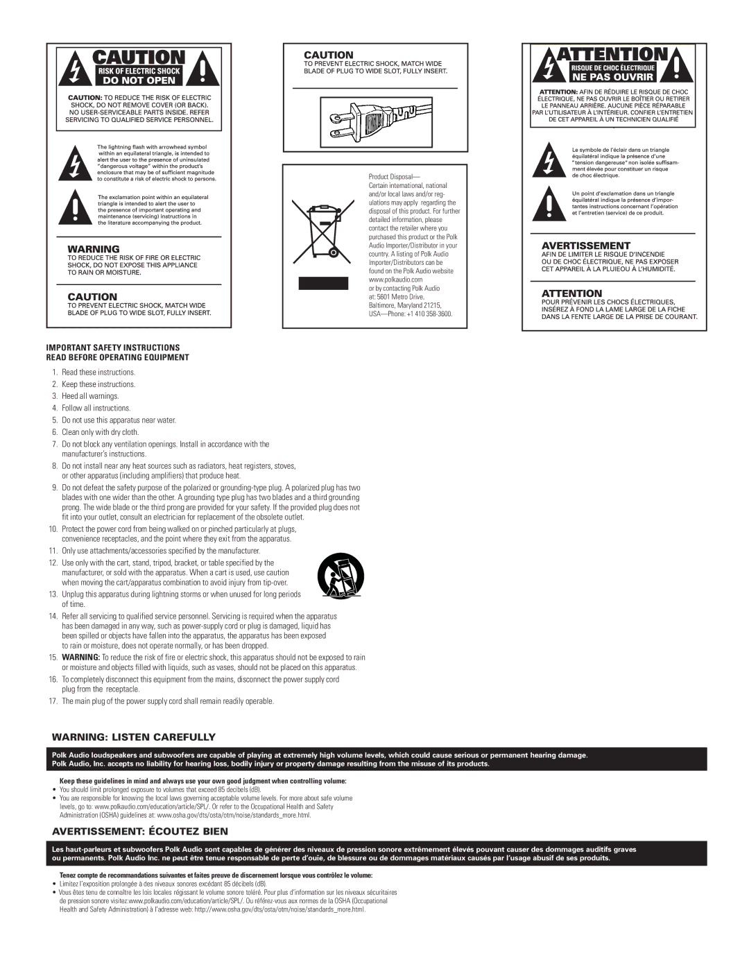 Polk Audio PSW108 owner manual Avertissement Écoutez Bien, Product Disposal 