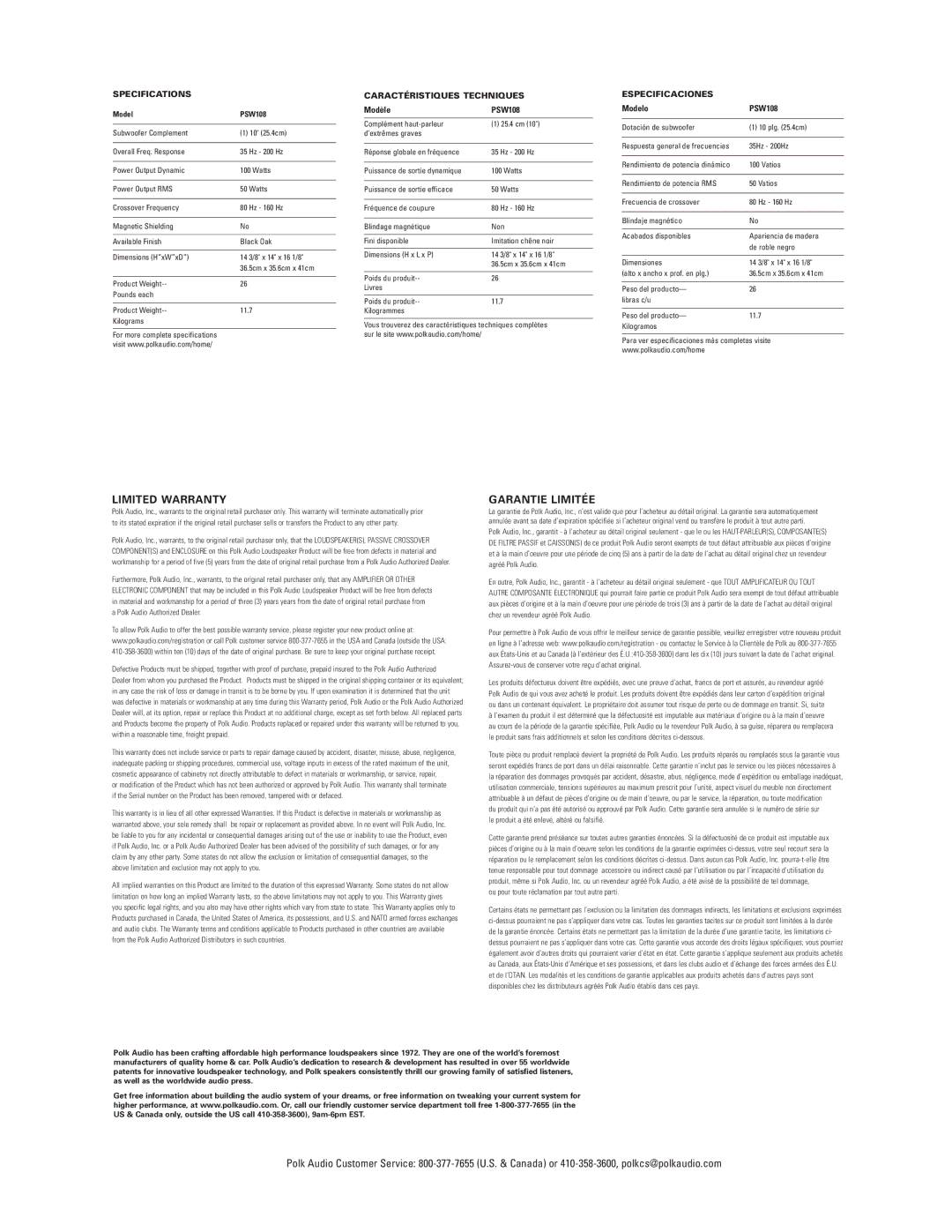 Polk Audio PSW108 owner manual Limited Warranty 