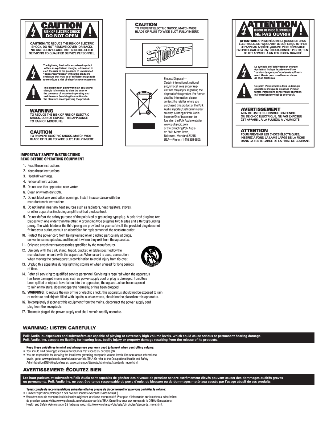 Polk Audio PSW108 owner manual Warning Listen Carefully, Avertissement Écoutez Bien, Important Safety Instructions 