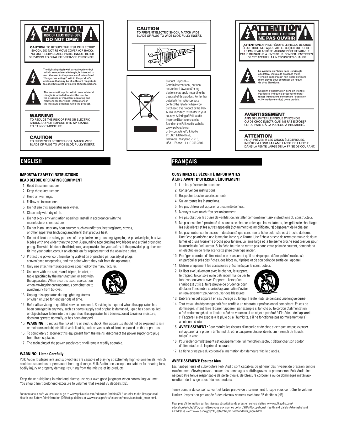 Polk Audio PSW111 owner manual English, Avertissement Écoutez bien 