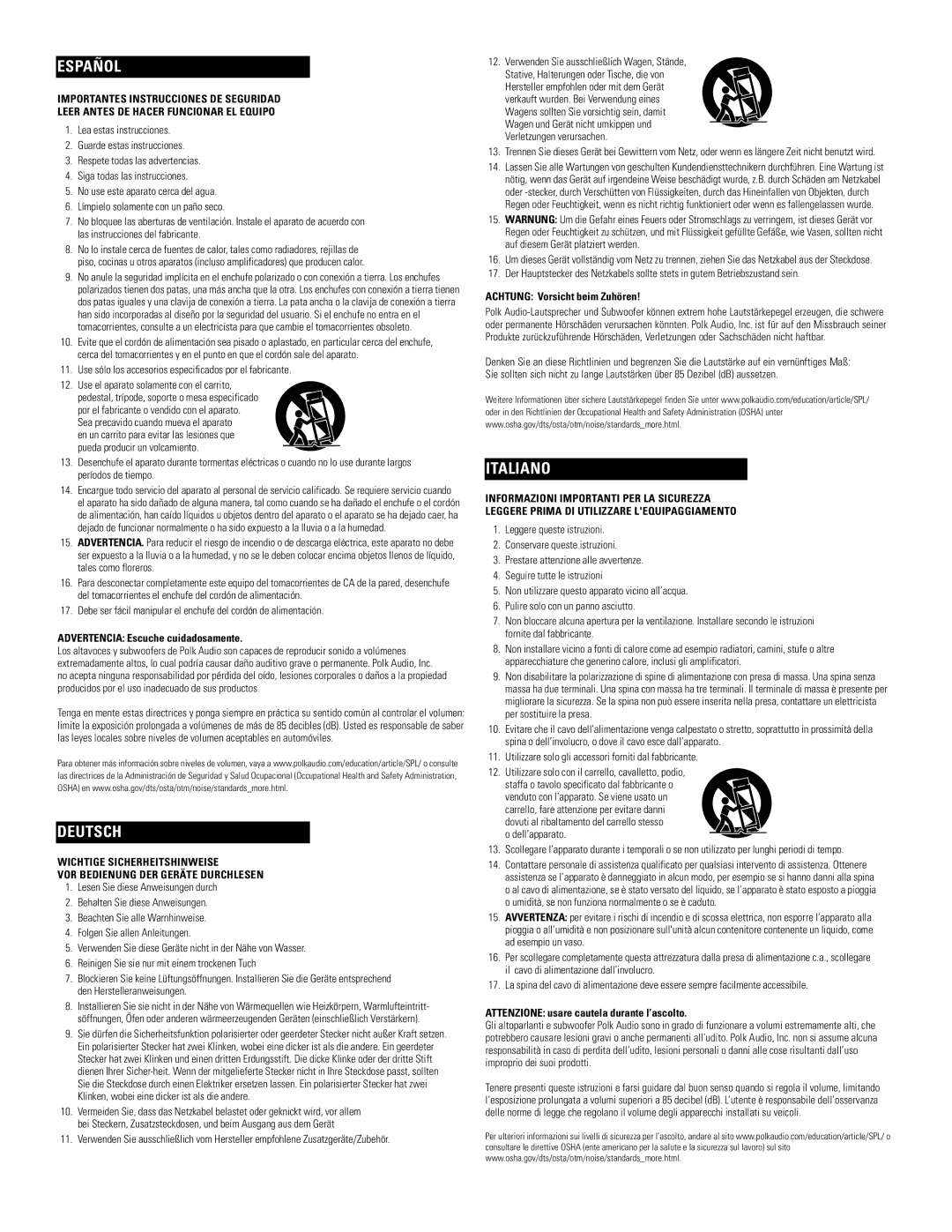 Polk Audio PSW111 owner manual Advertencia Escuche cuidadosamente, Achtung Vorsicht beim Zuhören 