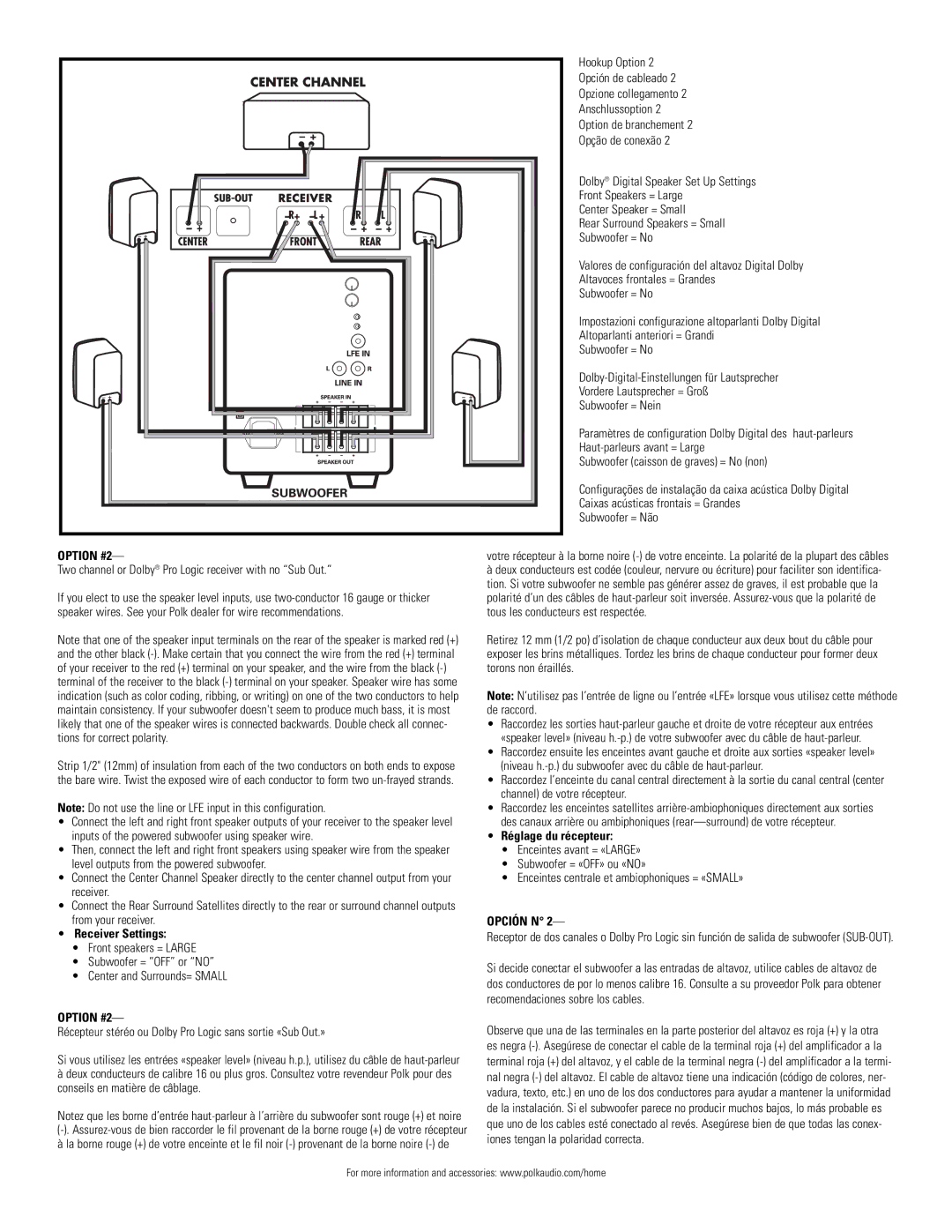 Polk Audio PSW111 owner manual Option #2, Two channel or Dolby Pro Logic receiver with no Sub Out 