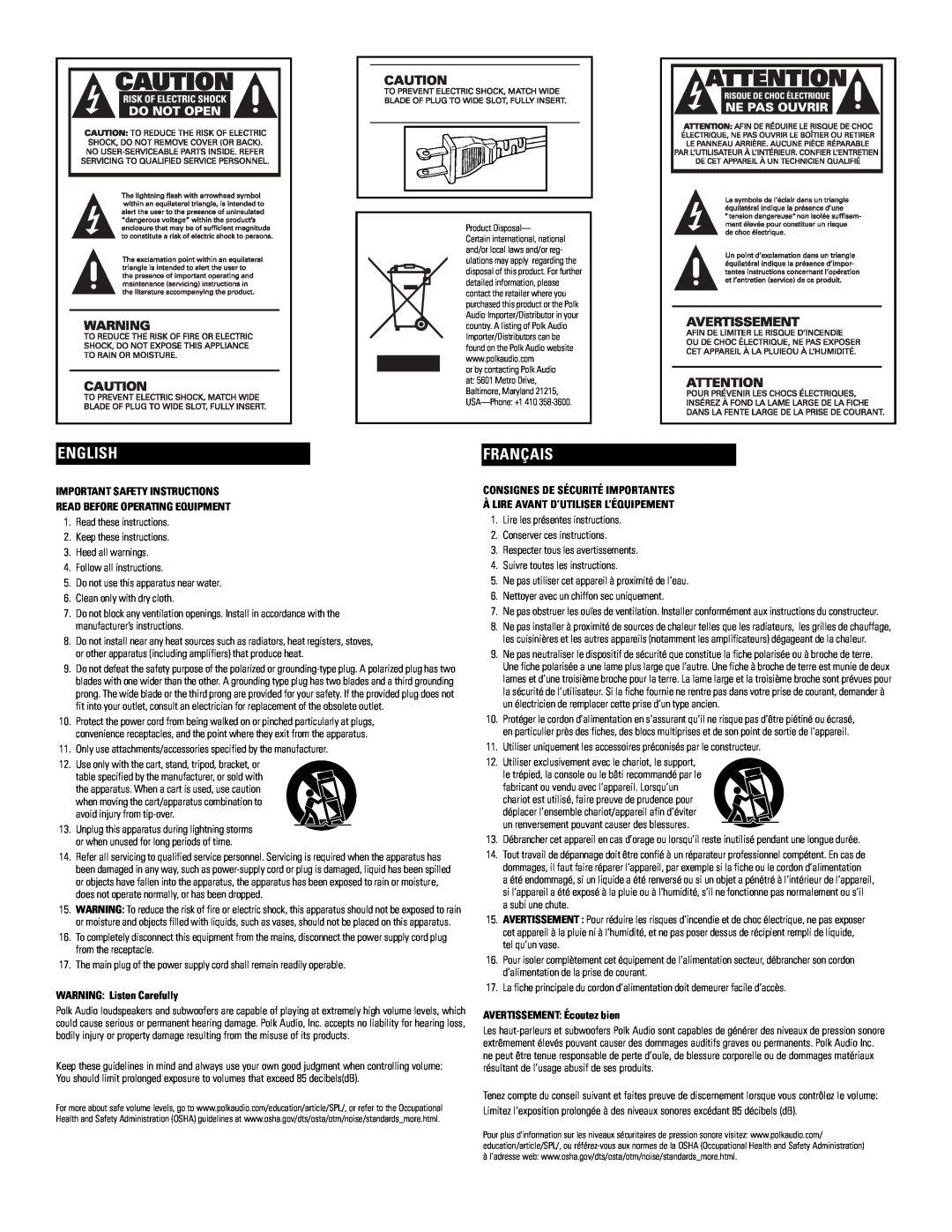 Polk Audio PSW111 owner manual Français, English, Important Safety Instructions, Read Before Operating Equipment 