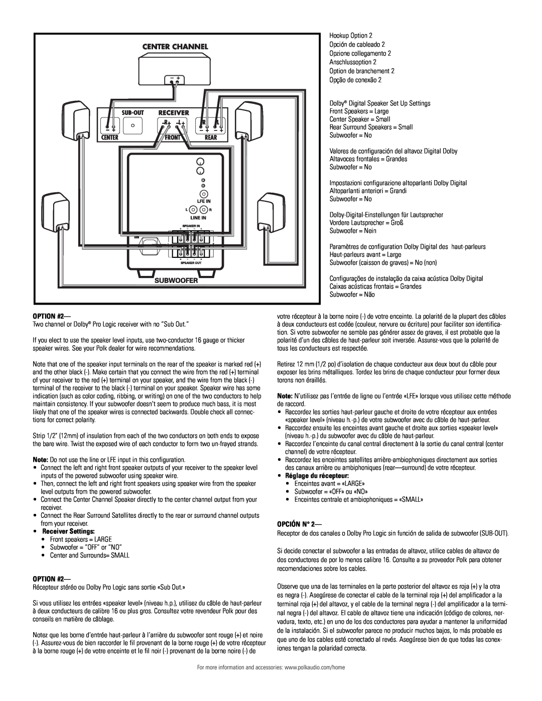 Polk Audio PSW111 owner manual OPTION #2, Receiver Settings, Réglage du récepteur, Opción N 