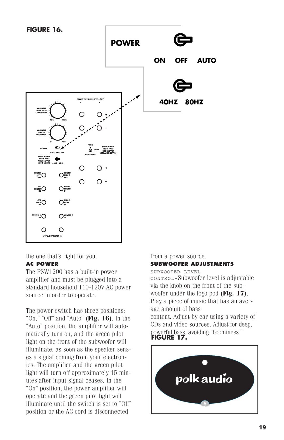 Polk Audio PSW1200 owner manual Power 