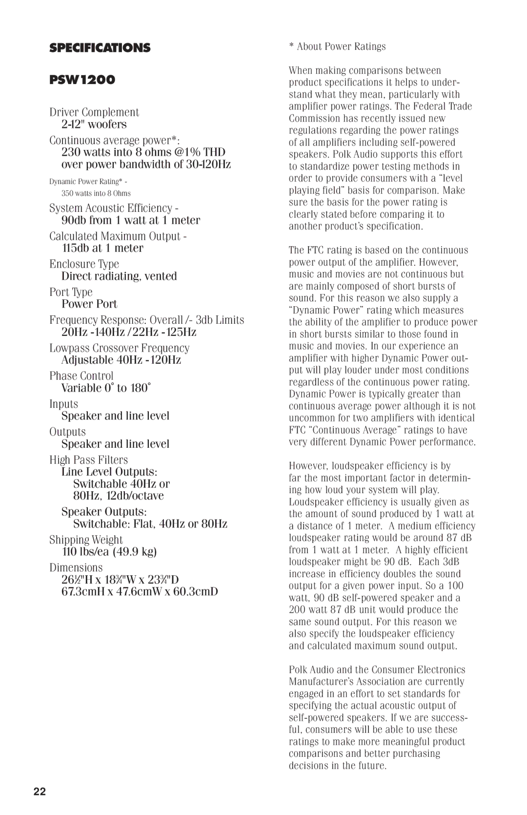 Polk Audio PSW1200 owner manual Specifications 