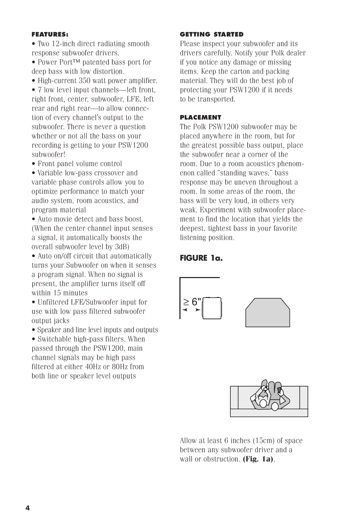 Polk Audio PSW1200 owner manual Features 