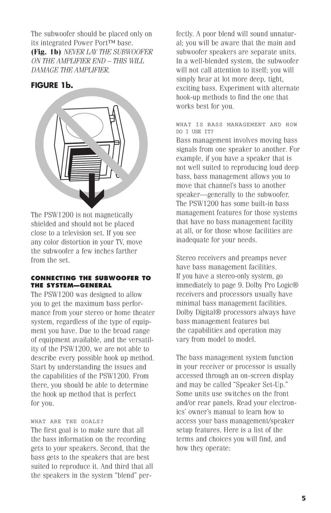 Polk Audio PSW1200 owner manual Connecting the Subwoofer to the SYSTEM-GENERAL 