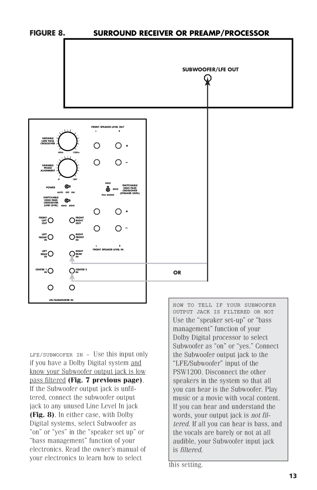 Polk Audio PSW1200 instruction manual Pass filtered previous 