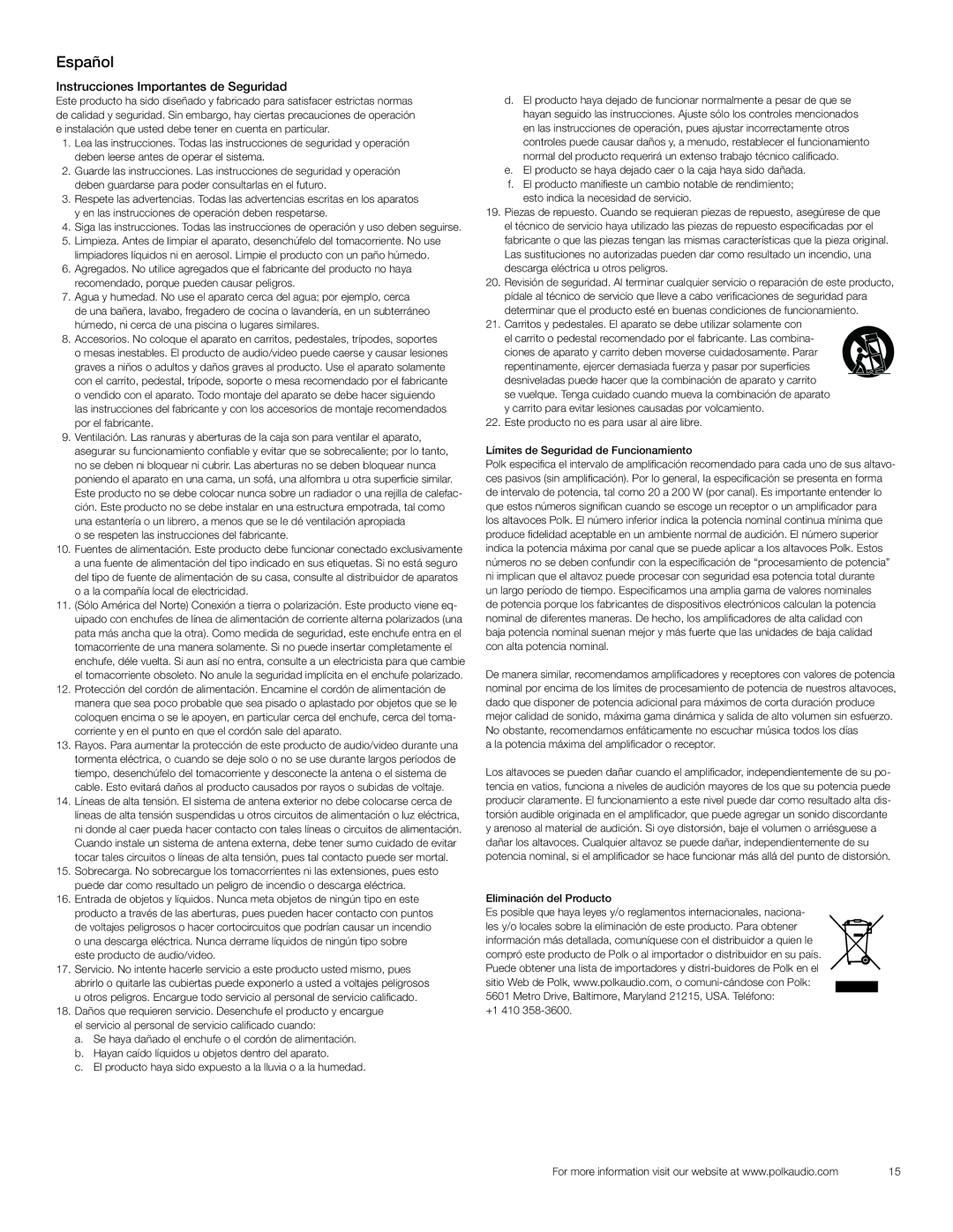 Polk Audio PSW121 owner manual Español, Instrucciones Importantes de Seguridad 