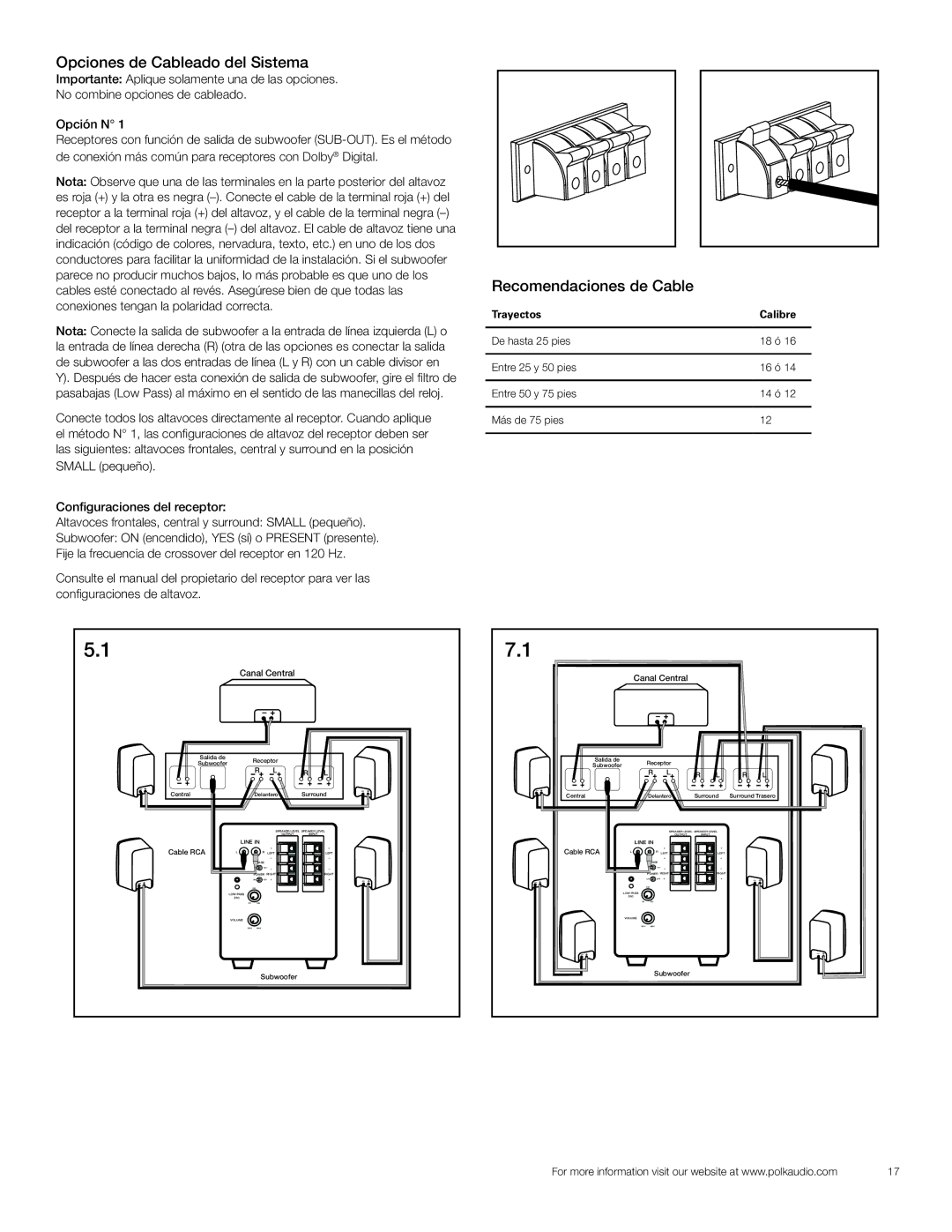 Polk Audio PSW121 owner manual Opciones de Cableado del Sistema, Recomendaciones de Cable 