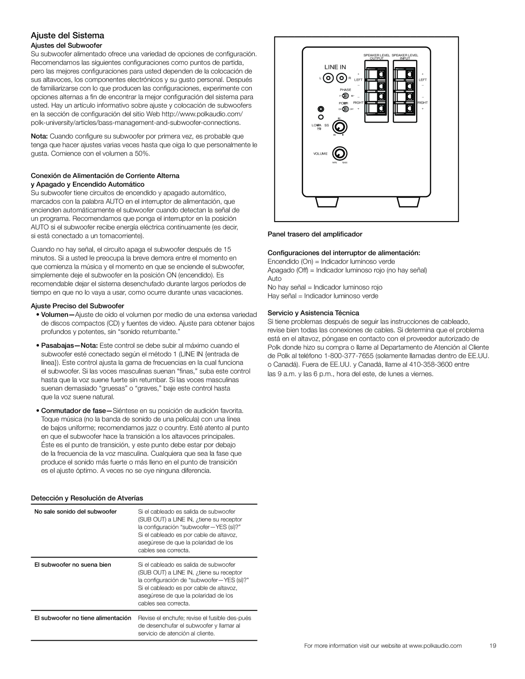 Polk Audio PSW121 owner manual Ajuste del Sistema, Que la voz suene natural, Detección y Resolución de Atverías 