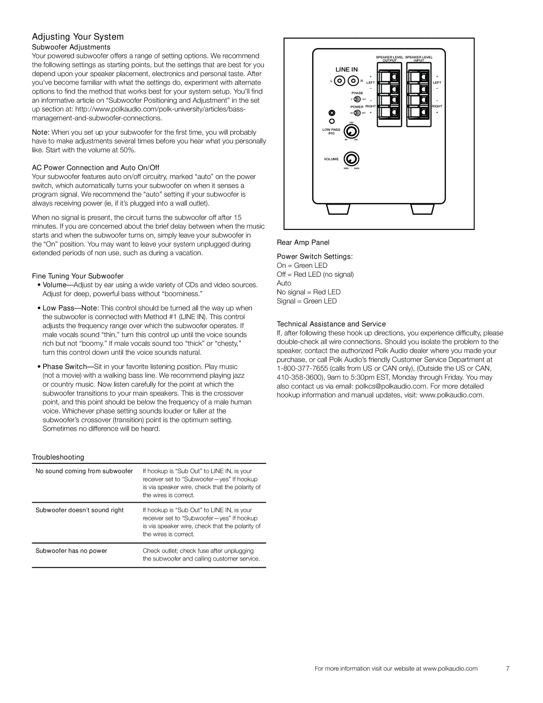 Polk Audio PSW121 owner manual Adjusting Your System, Subwoofer Adjustments AC Power Connection and Auto On/Off 